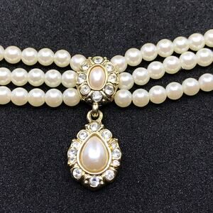 Vintage Givenchy Pearl & Rhinestones Necklace triple strand with Pendant